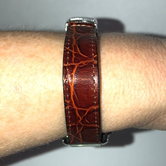 VISAGE Polished Nickel Scallop Face Brown Leather Vintage Analog Tank Watch EUC - Picture 8 of 16